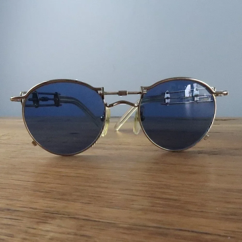 JEAN PAUL GAULTIER SILVER WITH BLUE LENS #56-0174 VINTAGE STEAMPUNK SUNGLASSES